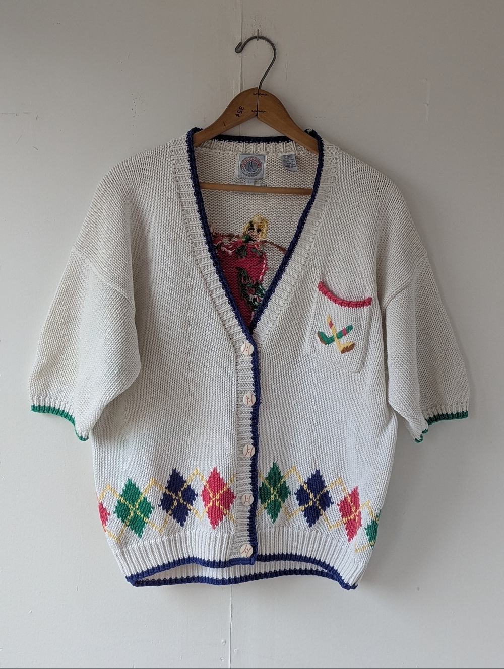 Vintage Cape Isle Knitters Baseball White Multicolor Argyle Knit Cardigan Large
